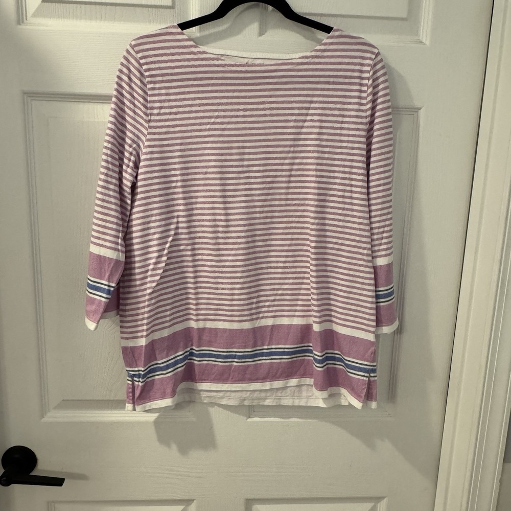 Talbots‎ Hello Saturday Shirt Womens Sz L Pink White Striped 3/4 Sleeve Boatneck
